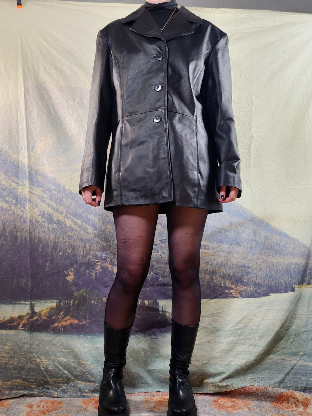 90s Black Leather 3 Button Jacket - Picture 2 of 5